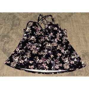 Ambrielle Curve swim Tankini top Black Floral built In Bra Sz 2X 2XL Womens NWOT